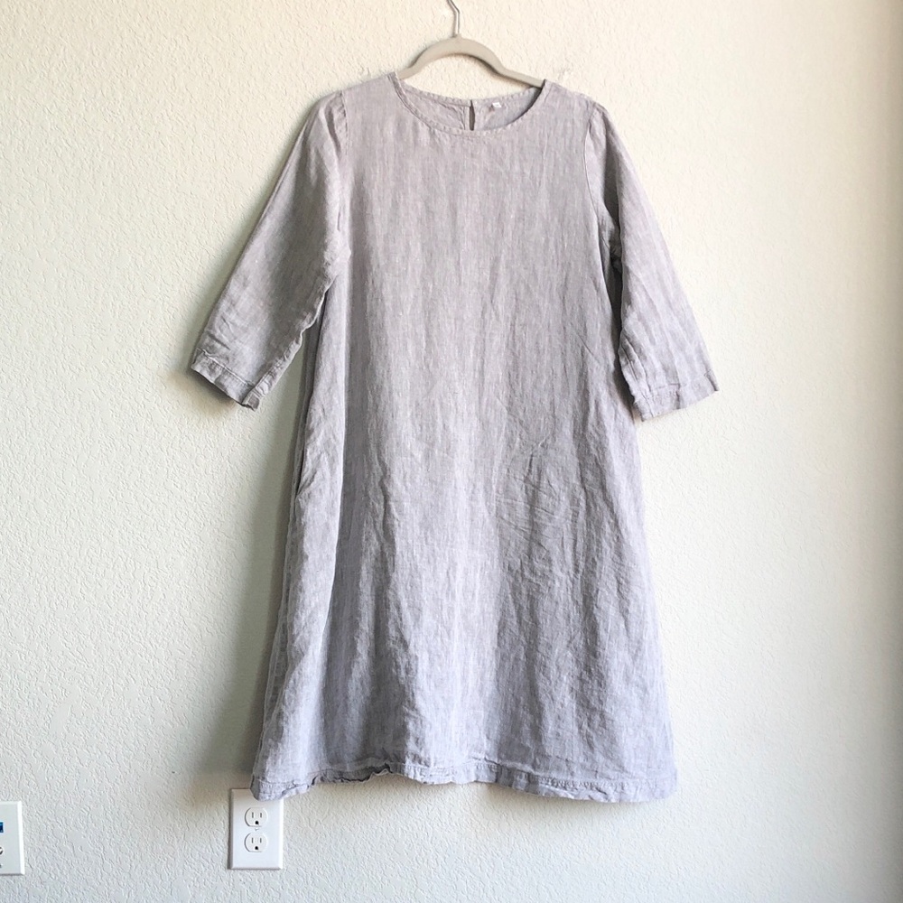 Muji Linen 3/4 Sleeve Pocket Dress Heathered Grey Medium Lagenlook Layering